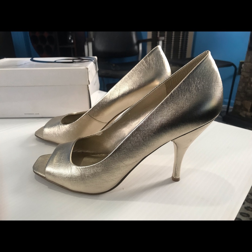 Nine West Gold Leather Peep Toe Heels